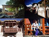 302 Tukuche Entrance, Mani Wall, Carved Wooden Balcony, Jerome Ryan Drinking A Coke UL Tukuche (2580m) was for many years one of the richest villages in the Kali Gandaki valley. The village of Tukucha is a maze of alleys, and the houses, regular little fortresses, are mostly caravanserais where passing travelers can find lodging for the night (Maurice Herzog, Annapurna). UR The majority of the five hundred inhabitants are Buddhists whose piety can be judged by the number of prayer wheels on the fifty-yard-long wall (Maurice Herzog, Annapurna). LL Tukuche has finely carved wooden balconies looking exactly as they did in 1950. LR Jerome Ryan stopped in Tukuche and enjoyed a coke in the sunny warm weather